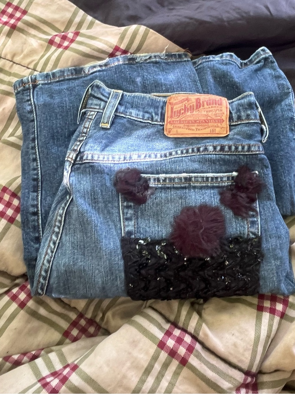Lucky Brand Blue Denim Flare Jeans with Black Lace & Maroon Floral Accents